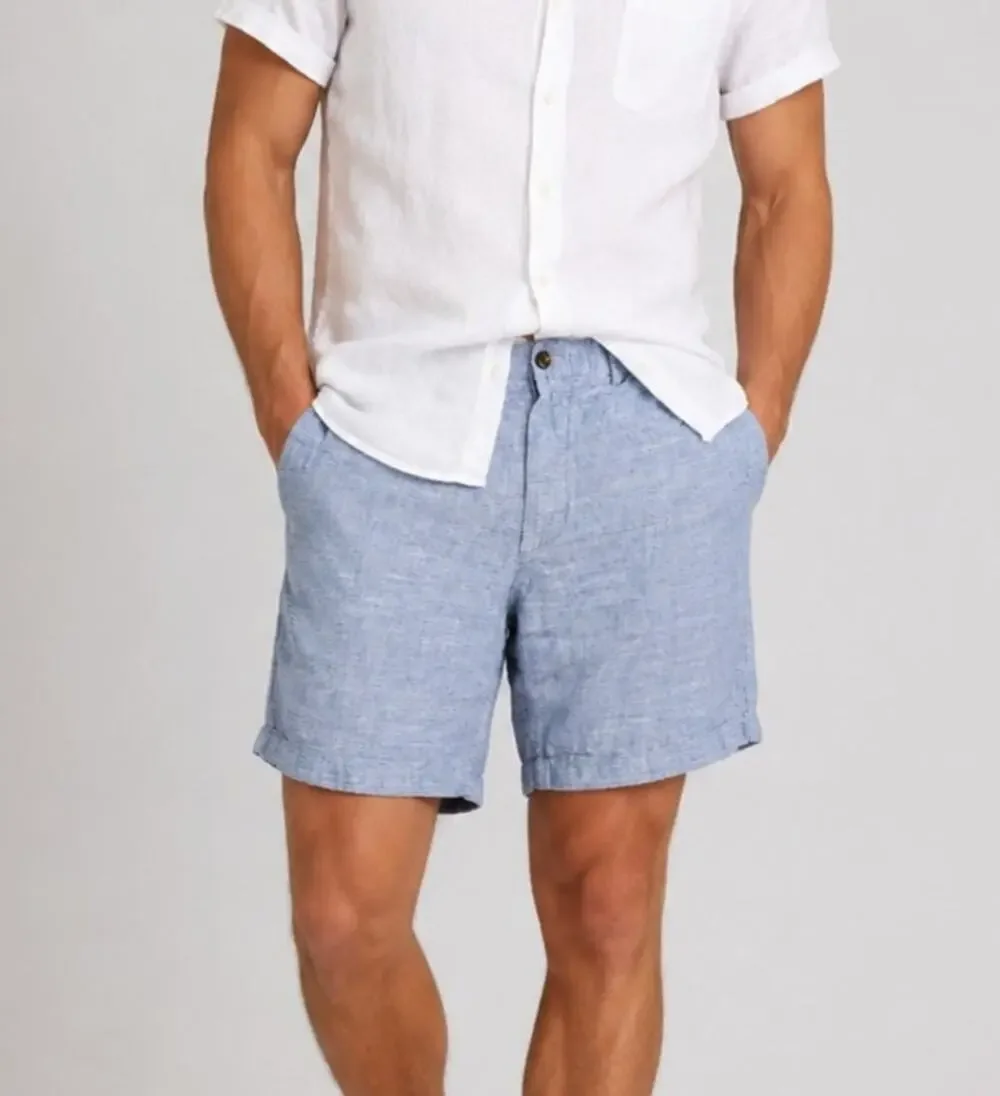 J. CREW Mens 100% Linen Shorts Size 35 Blue White Pinstripe Coastal Preppy Beach